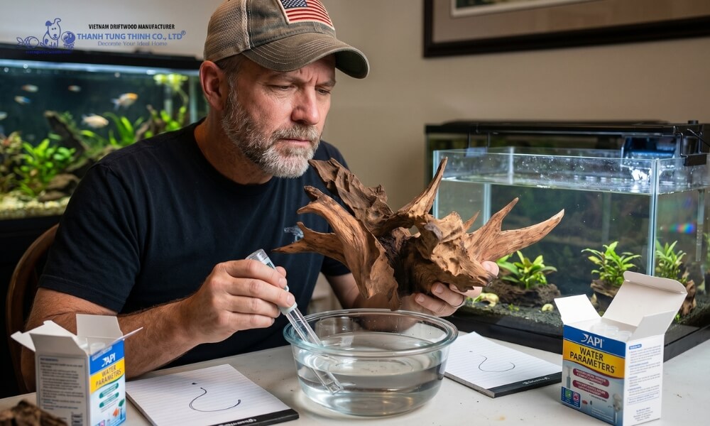Driftwood releasing tannins in an aquarium, slightly lowering water pH depending on tank conditions and water chemistry