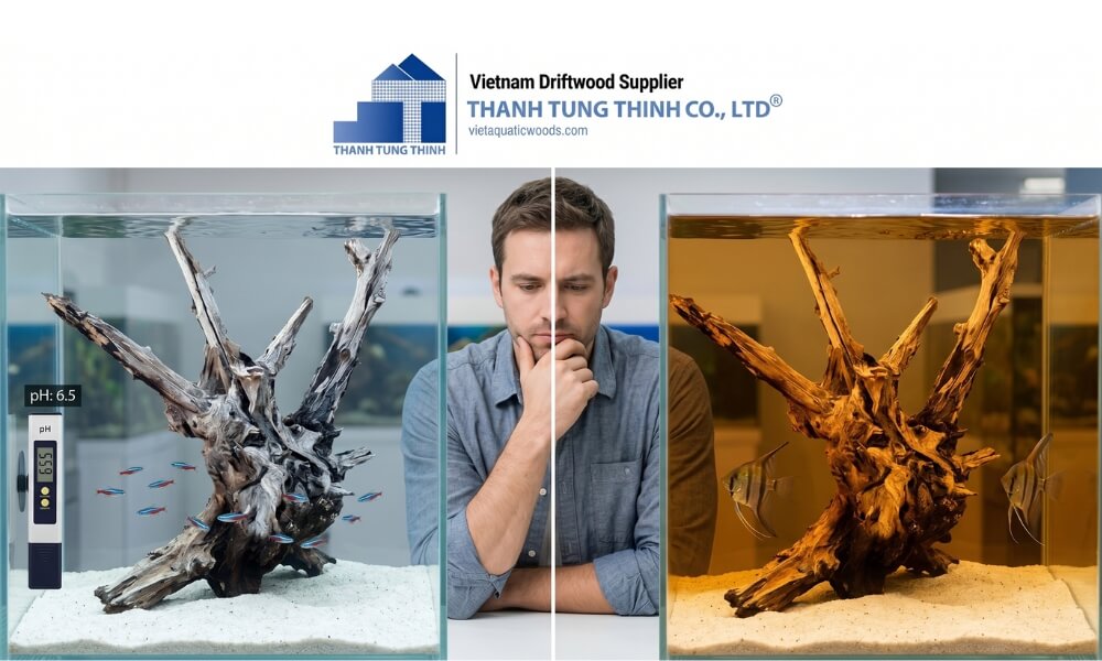 Aquarium water tinted brown by driftwood tannins, illustrating that water color does not always indicate a significant pH drop.