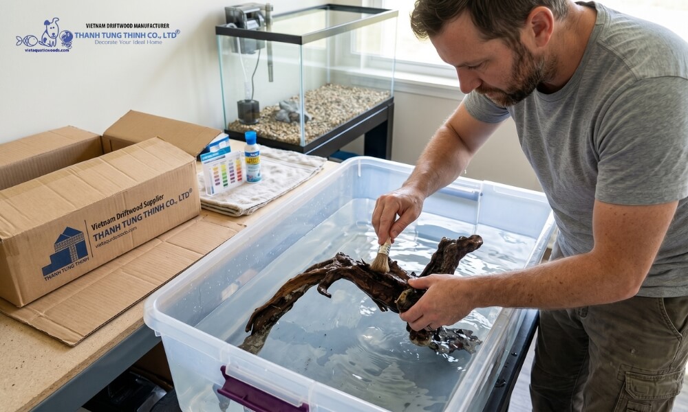 Driftwood soaking in water before aquarium use to reduce tannin release and stabilize pH.