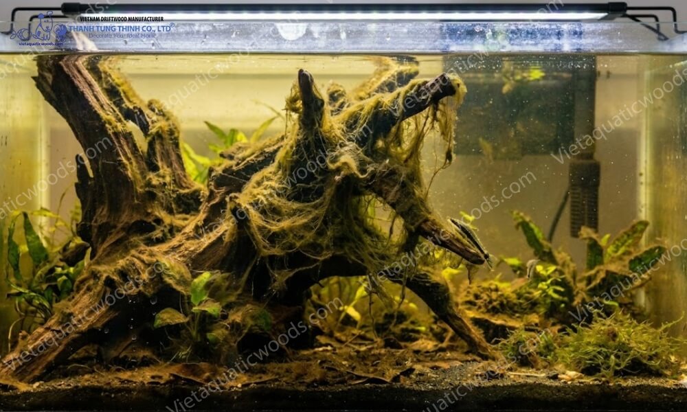 Visible algae buildup in a Driftwood Algae Problem Aquarium