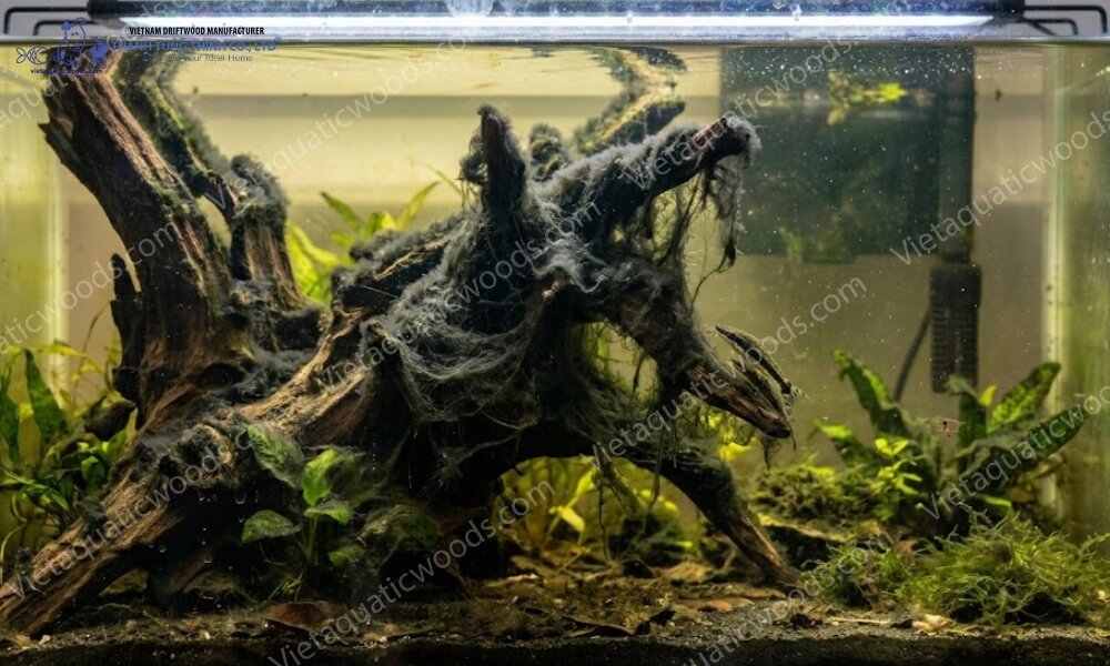 Visible algae buildup in a Driftwood Algae Problem Aquarium.