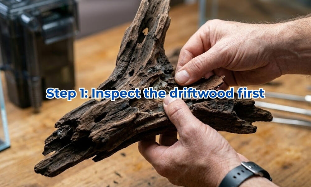 Hobbyist inspects driftwood surface before cleaning