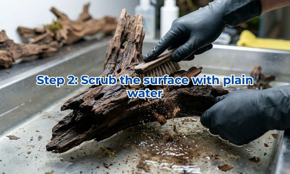 Scrubbing driftwood surface with a medium-stiff brush