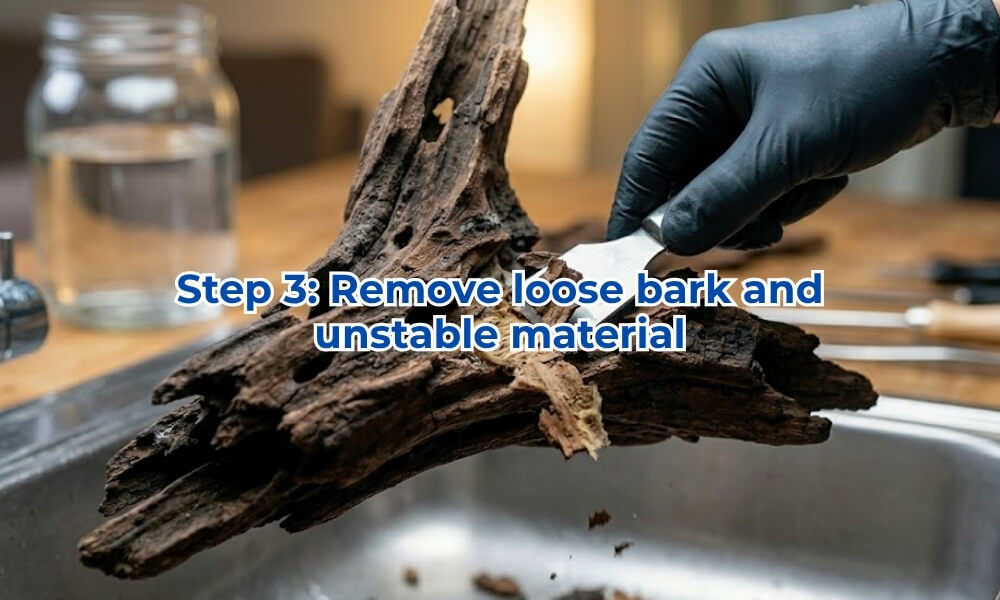 Peeling loose bark and unstable driftwood material