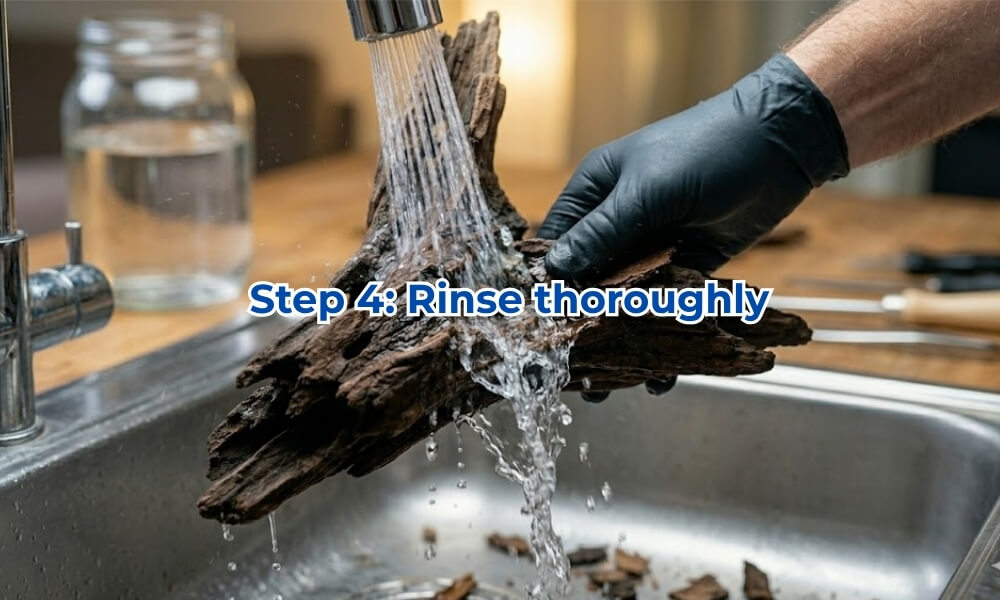 Hobbyist rinses driftwood under running water