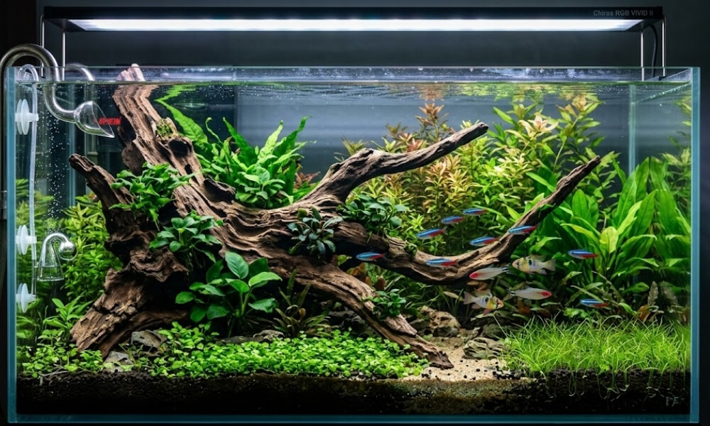 driftwood placed inside tilapia fish tank creating natural habitat and structure
