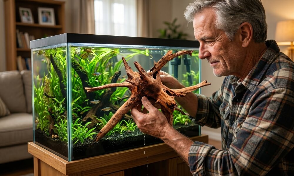 A piece of new driftwood floating at the surface of an aquarium, showing how trapped air and dry wood structure affect buoyancy.