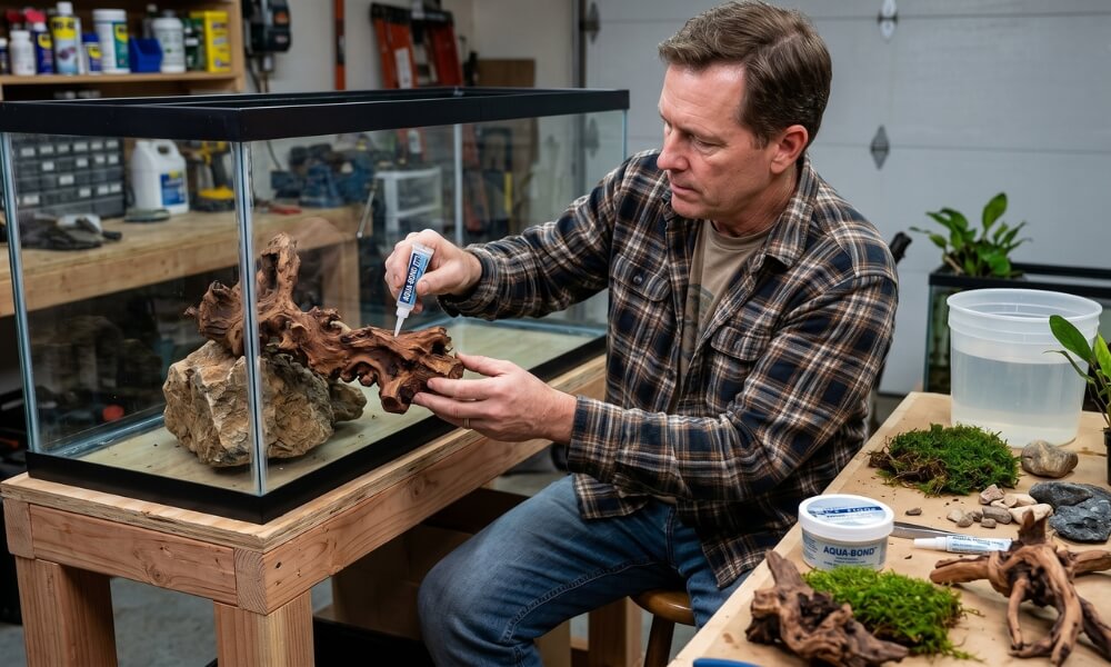 Driftwood glued to rocks in an aquarium using aquarium-safe adhesive for a clean and stable aquascape layout.