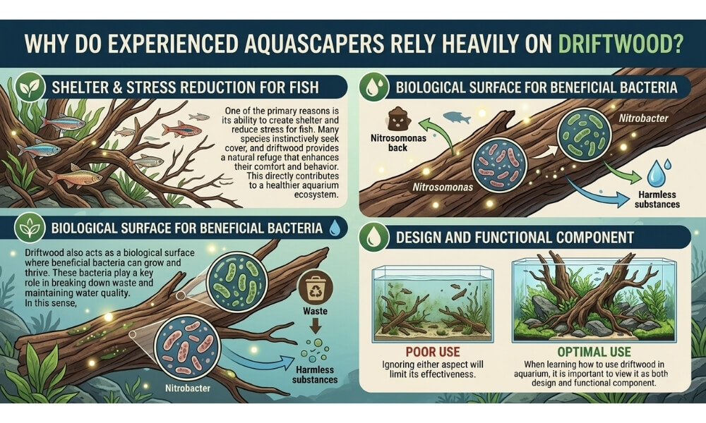 Aquascape with driftwood as a central design element
