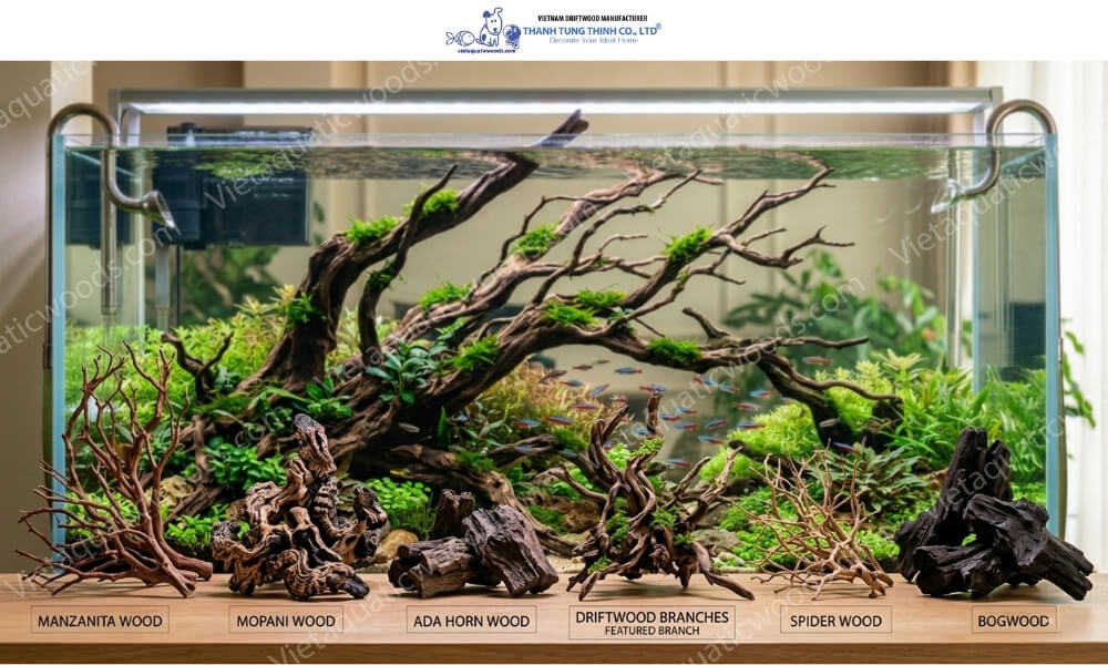 Spider wood features intricate branching shapes, ideal for creating dramatic aquascapes