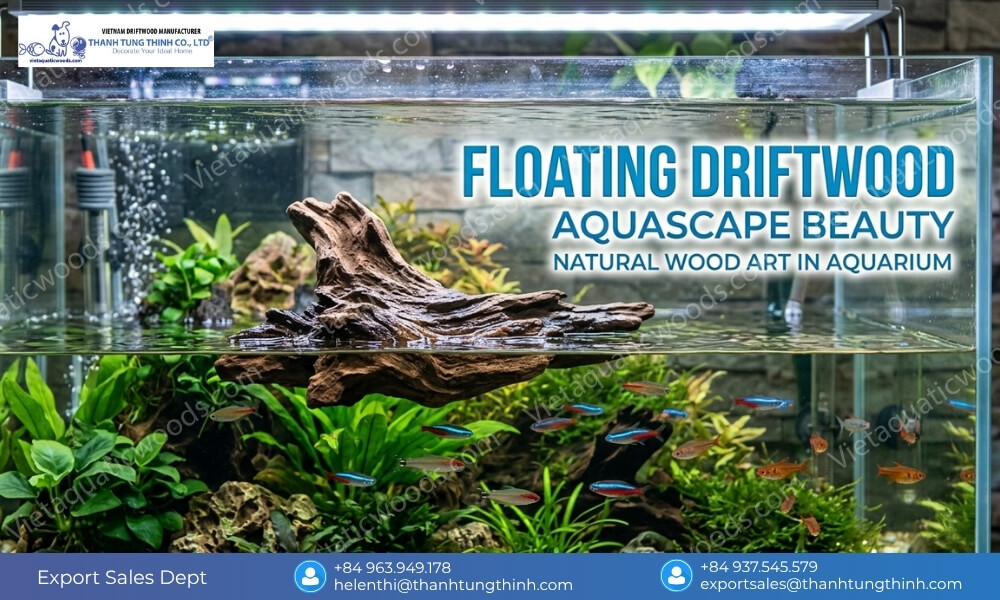 Newly added driftwood floating in tank