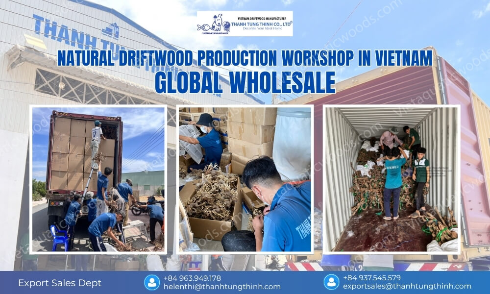 Driftwood pallets being organized for export in workshop