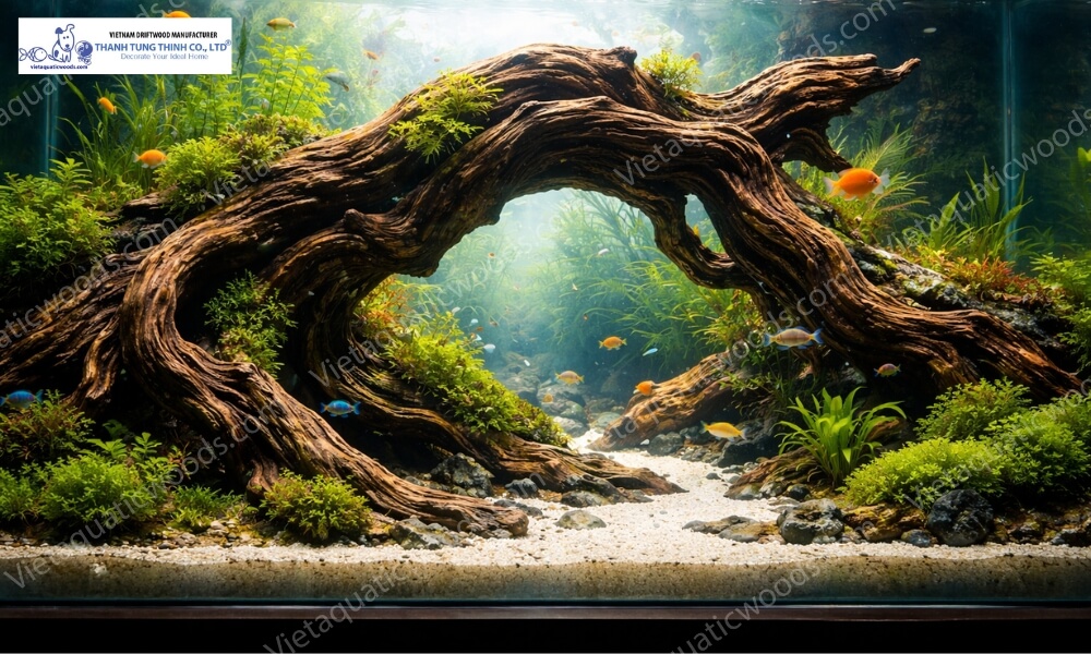 clean driftwood placed in aquarium supporting beneficial bacteria and natural fish habitat