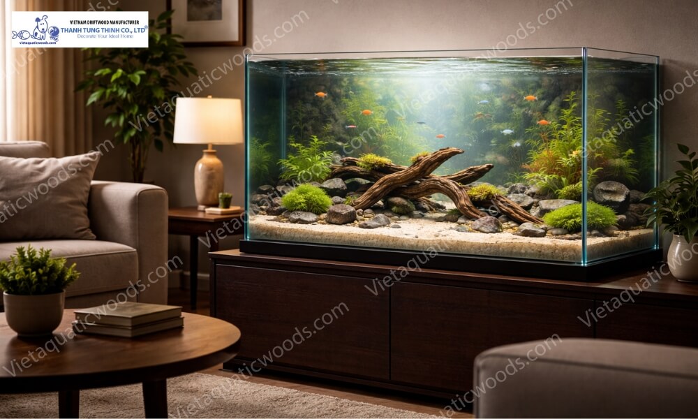 aquarium driftwood setup showing proper placement and pre treated wood from Thanh Tung Thinh for safe use