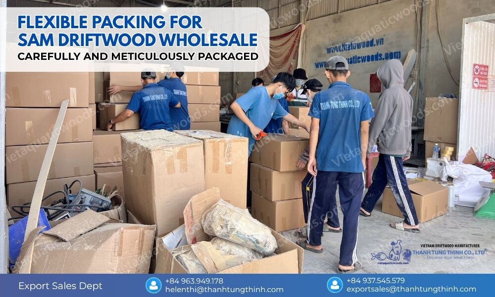 Custom packing Sam driftwood wholesale export cartons mixed sizes and bulk container loading Vietnam supplier
