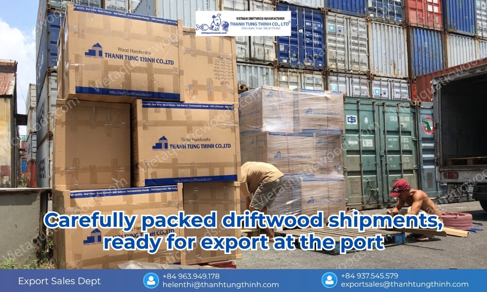 Pallets of driftwood securely packed and stacked at the port