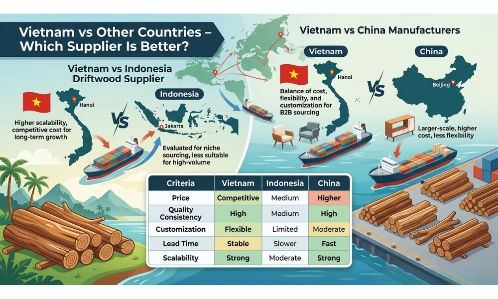 Visual of satisfied B2B clients receiving driftwood from Vietnam