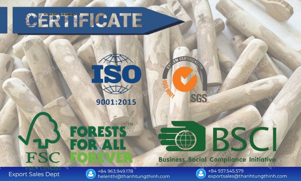International trade compliance certificates including ISO 9001, FSC, and BSCI overlaid on a background of organic coffee wood chews wholesale sticks
