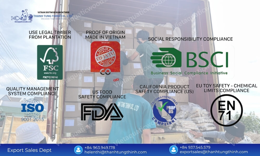 Shipping container loading scene overlaid with compliance icons including FSC, BSCI, ISO 9001, FDA, Prop 65, and EN 71