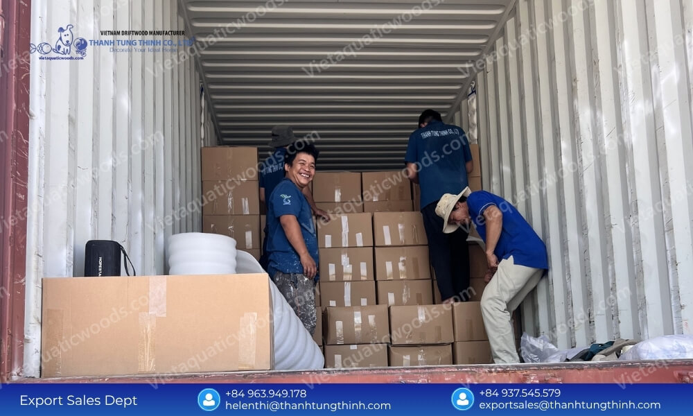 B2B logistics team loading pallets of natural wood pet supplies to distribute the core coffee wood dog chew benefits globally