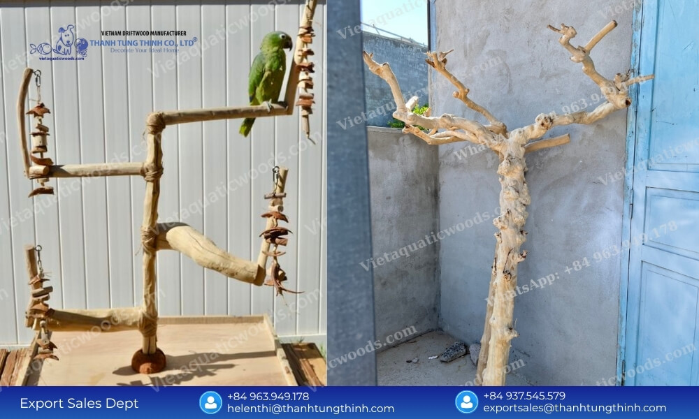 Two factory workers proudly displaying a giant custom coffee wood bird perch tree stand in the manufacturing hub