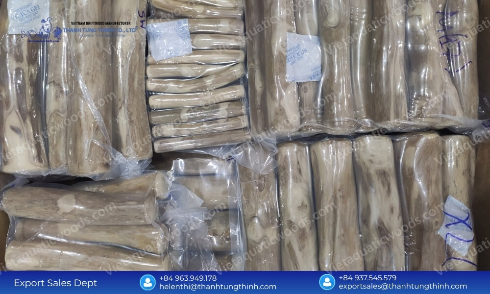 Vacuum sealed packages with desiccant gel ensuring wholesale products are coffee wood dog chew safe from mold