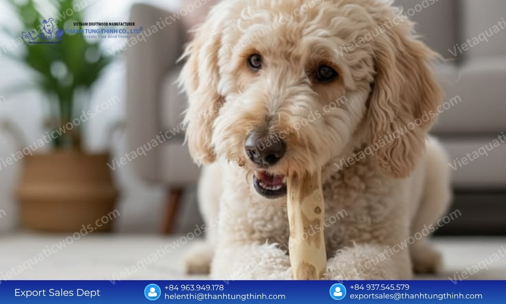 Fluffy doodle dog chewing a dense stick analyzing coffee wood dog chew good or bad for safety