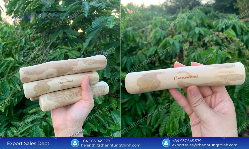 Hands holding laser engraved logs outdoors verifying coffee wood dog chew good or bad for eco luxury brands