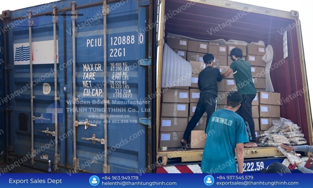 Workers loading a full container of products from our factory direct coffee wood dog chew wholesale distributor