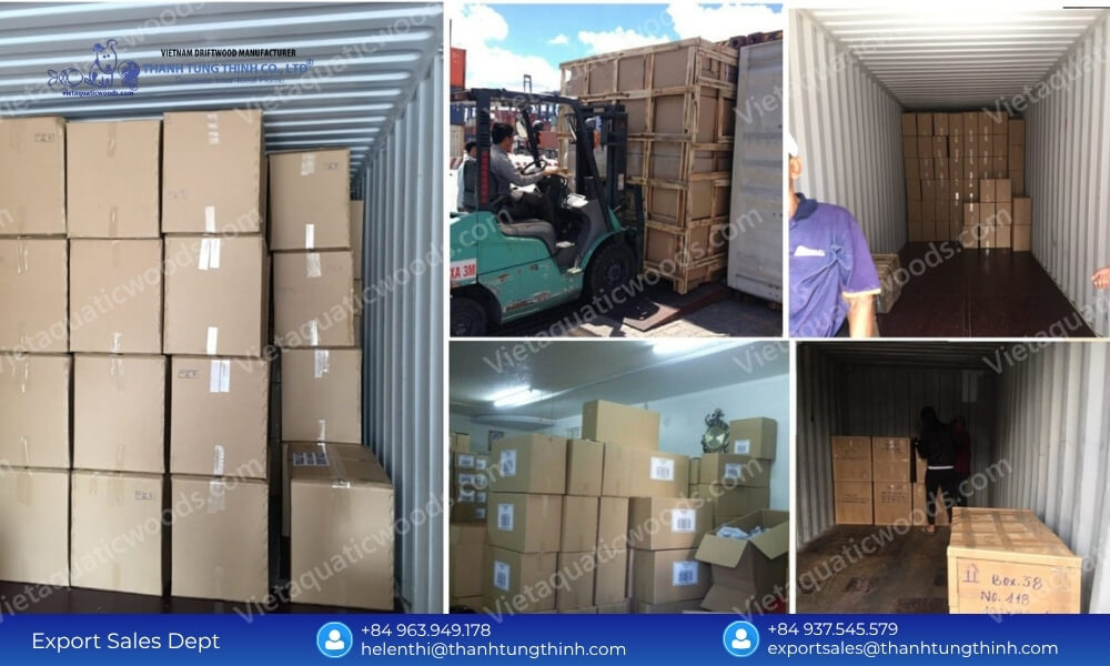 Multi-panel collage showing a forklift carrying wooden crates, stacked cartons, and rows of logistics boxes inside a container