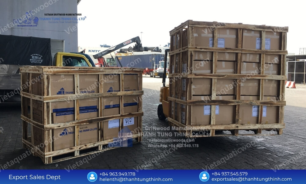 Forklift transporting heavy duty export crates reflecting our massive wooden pet house factory monthly production capacity