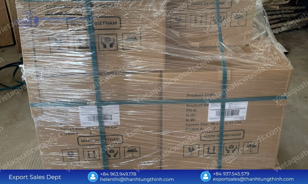 Securely wrapped export pallets ready for ocean freight to support our high wooden pet house factory monthly production capacity