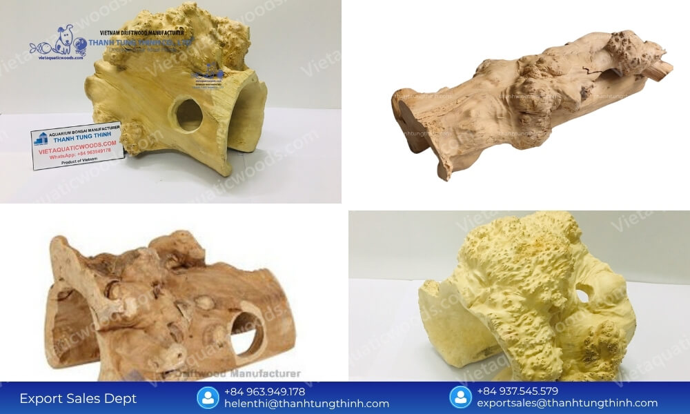 Various shapes and sizes of hollowed-out Coffee Wood Reptile Hideouts manufactured for large scale B2B distribution