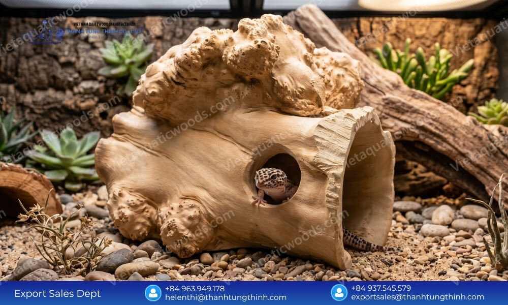 A leopard gecko feeling secure inside natural Coffee Wood Reptile Hideouts within a bioactive terrarium