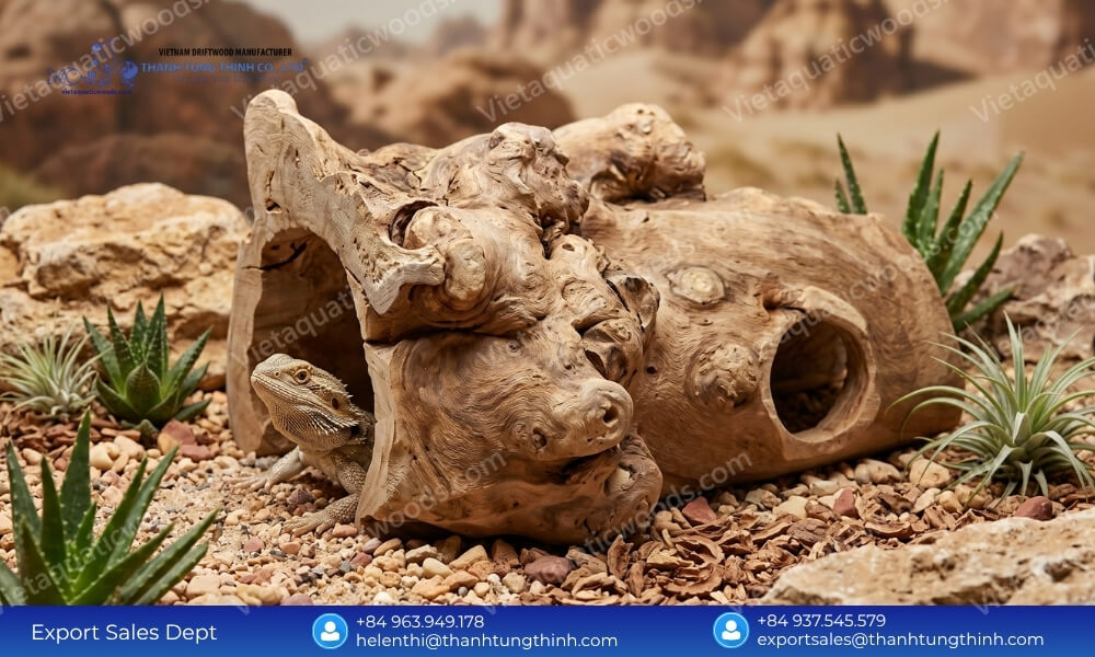 Natural Coffee Wood Reptile Hideouts providing essential shelter for a bearded dragon in a realistic setup