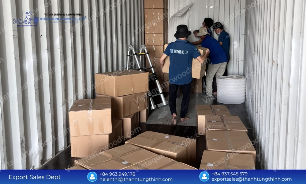 Factory workers loading a Full Container Load of Coffee Wood Reptile Hideouts for international distributors