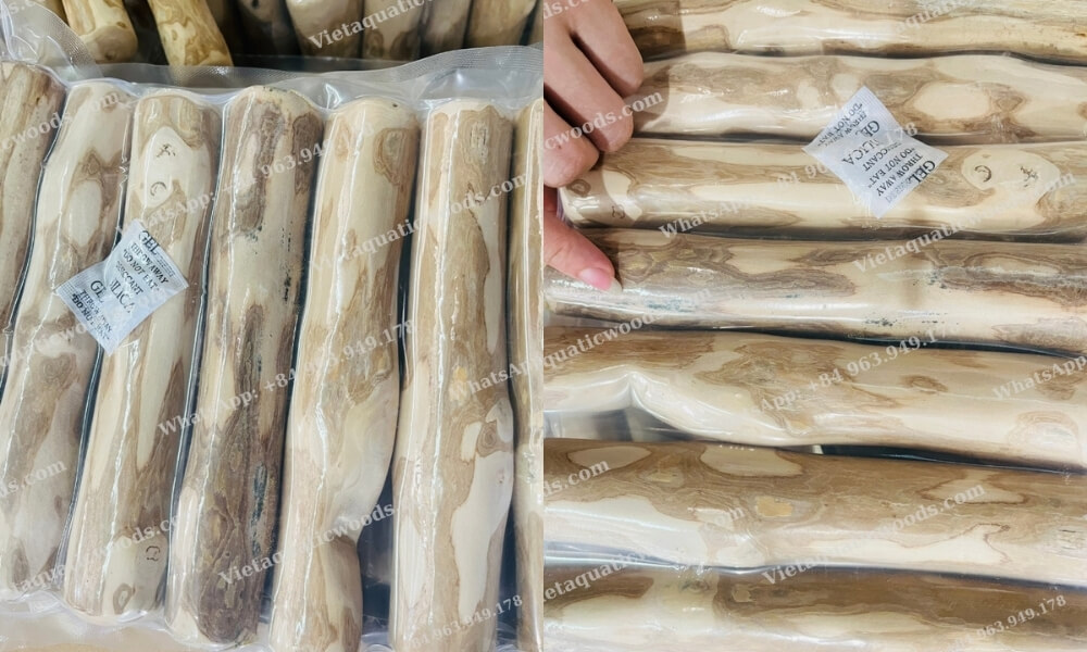 A close-up view showing silica gel packets included inside the packaging of wholesale natural wooden dog toys to control moisture