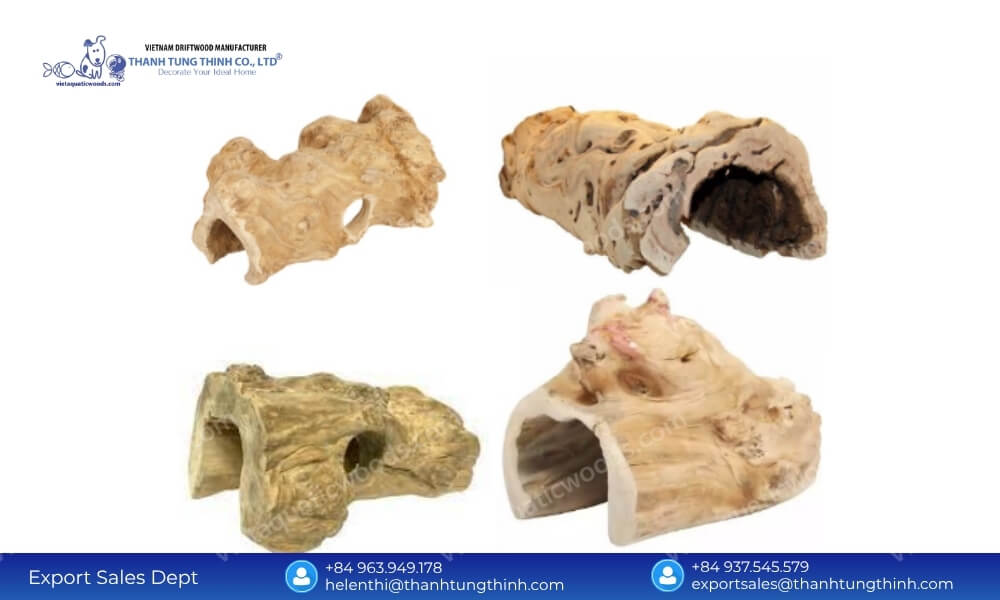 Four distinct designs of smooth coffee wood reptile hideouts produced with a large scale coffee wood pet products factory capacity