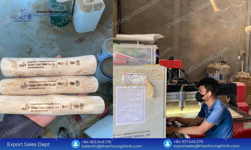 Laser branding and CNC customization process by a private label coffee wood dog chew manufacturer