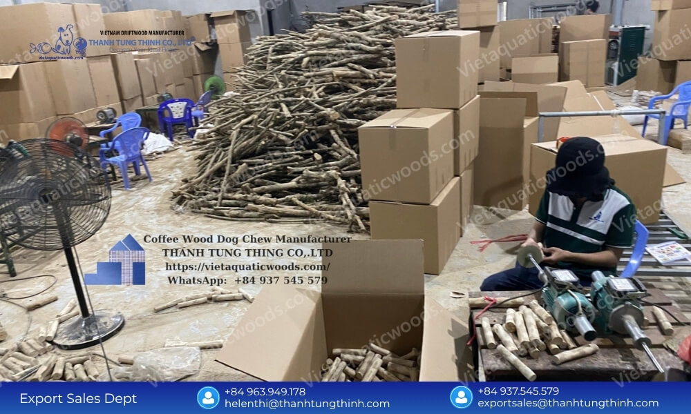 Industrial scale packaging and bulk orders ready at a coffee wood dog chew manufacturer warehouse