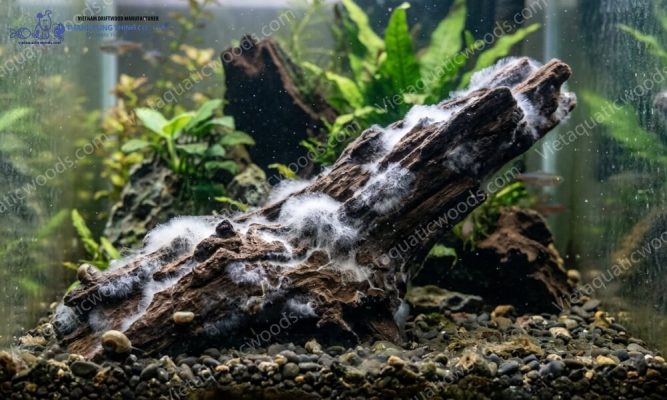 Aquarium Driftwood Mold White Fungus on a wood surface