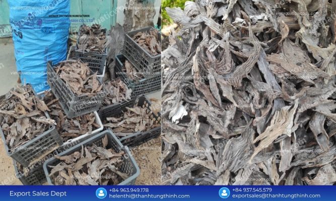 Multiple plastic storage crates filled with small-sized natural wooden fragments sorted for custom sanda driftwood import from Vietnam orders