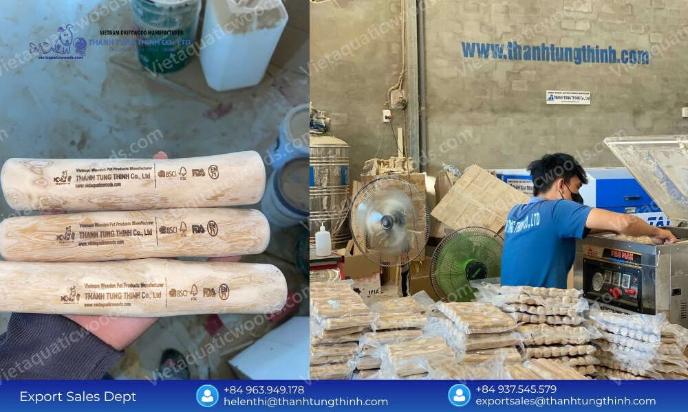 Split view showcasing laser engraved pet toys on the left and a factory worker vacuum packaging boxes on the right