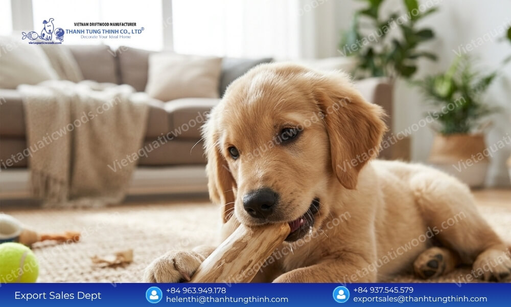 Golden retriever puppy chewing a natural log inside a living room to enjoy stress-relief coffee wood dog chew benefits