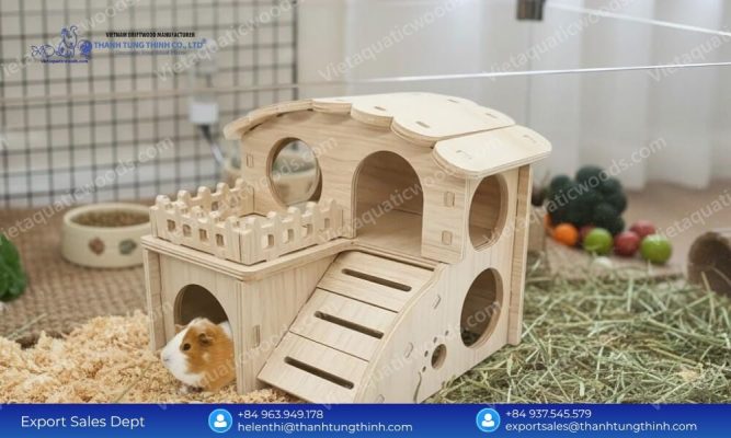 An intricate indoor small animal habitat highlighting the diversified output of our wooden pet house factory monthly production capacity