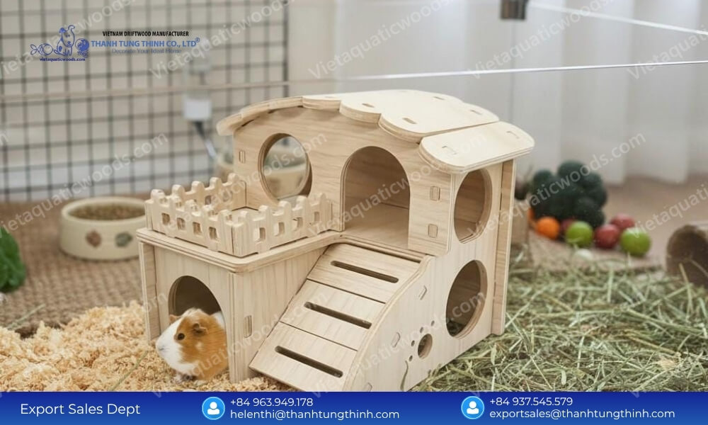 An intricate indoor small animal habitat highlighting the diversified output of our wooden pet house factory monthly production capacity