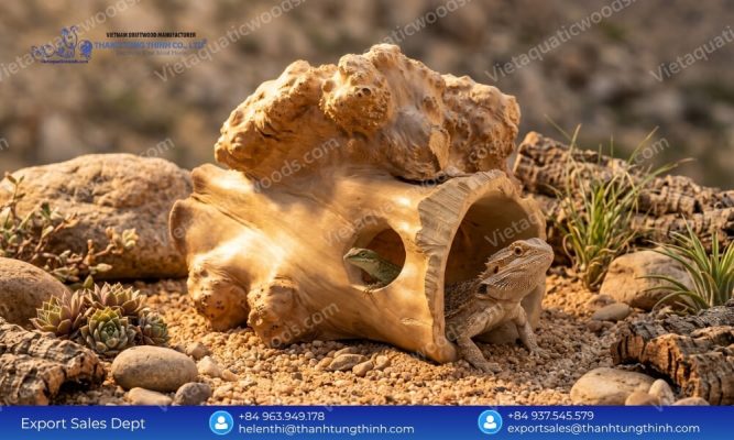 Bearded dragon exploring large Coffee Wood Reptile Hideouts in a dry desert terrarium environment