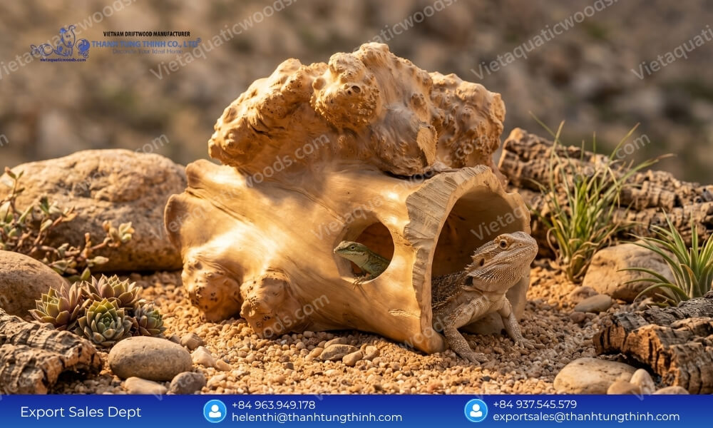Bearded dragon exploring large Coffee Wood Reptile Hideouts in a dry desert terrarium environment