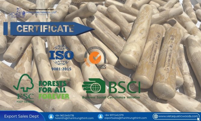 Multiple international quality seals displayed on wholesale safety certified coffee wood dog chew inventory
