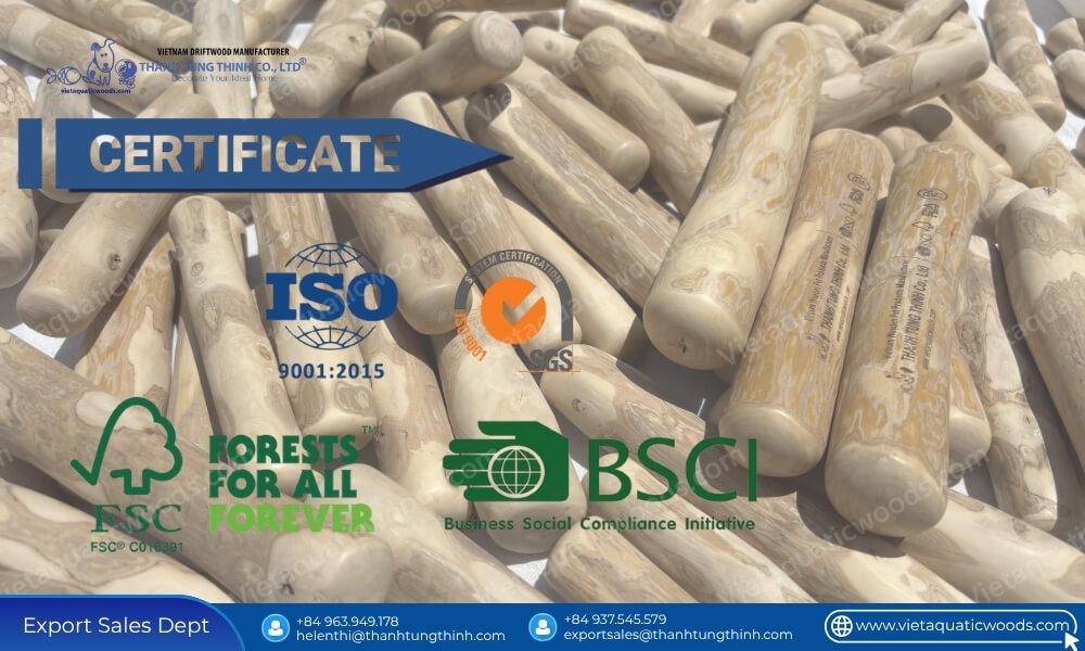 Multiple international quality seals displayed on wholesale safety certified coffee wood dog chew inventory